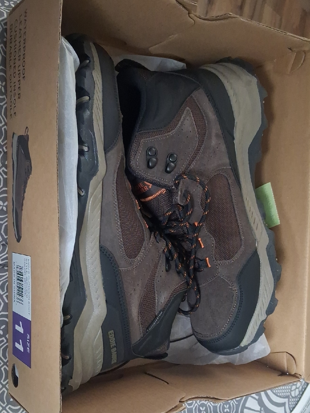 NWT's In Original Box Eddie Bauer Men's Brown Hiking Shoes with Orange Accents